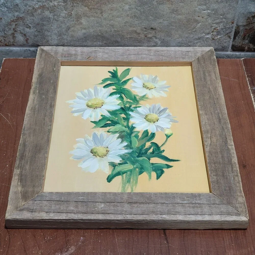 Vintage Oil Painting of Daisies Rustic Wooden Frame Impasto Technique